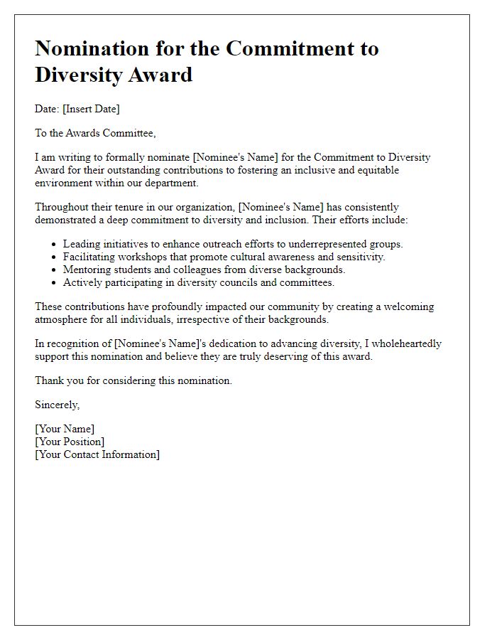 Letter template of departmental award nomination for commitment to diversity