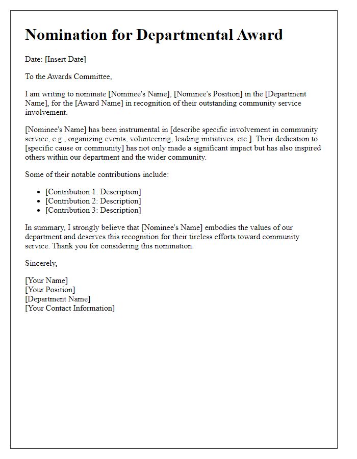 Letter template of departmental award nomination for community service involvement