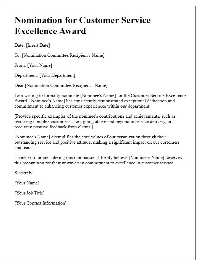 Letter template of departmental award nomination for customer service excellence