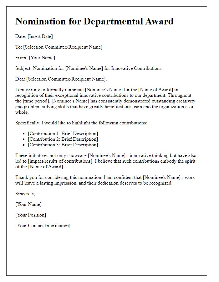 Letter template of departmental award nomination for innovative contributions