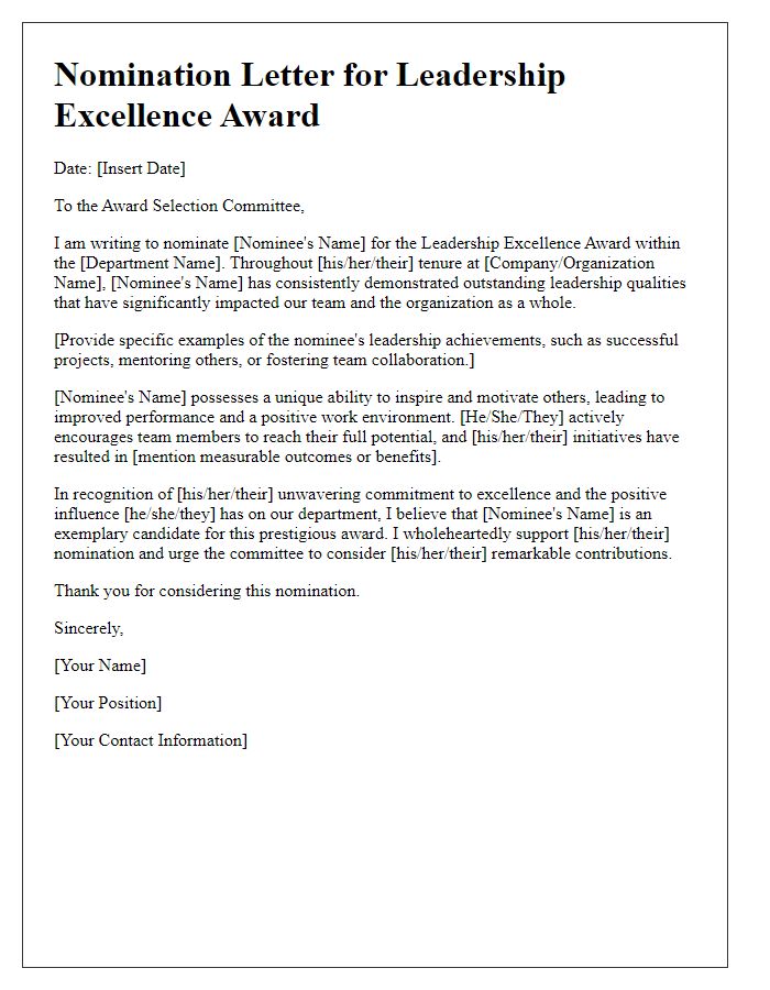 Letter template of departmental award nomination for leadership excellence