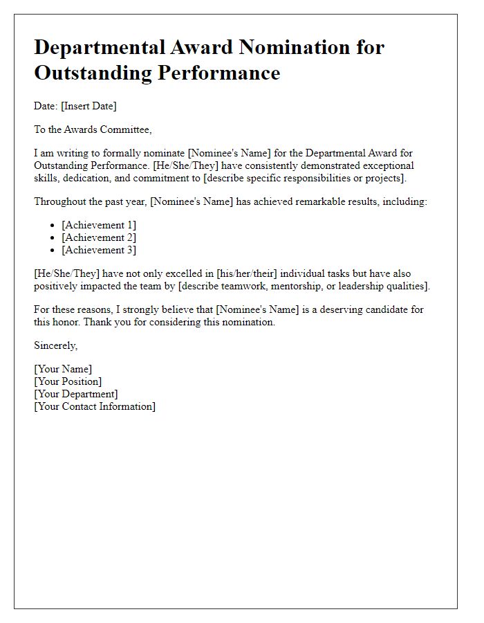 Letter template of departmental award nomination for outstanding performance