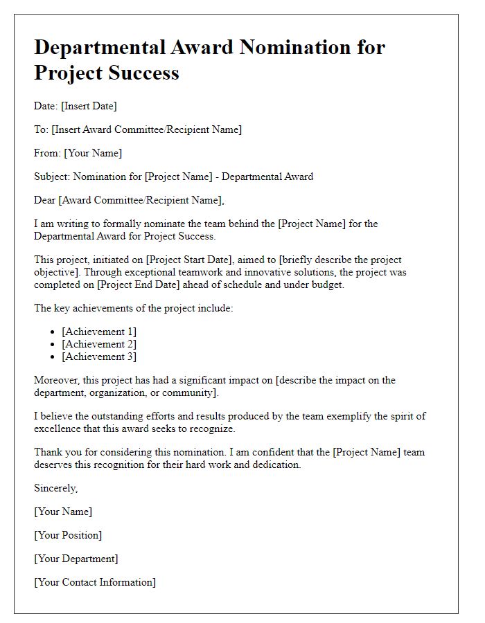 Letter template of departmental award nomination for project success