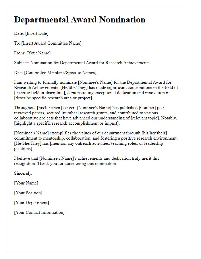 Letter template of departmental award nomination for research achievements