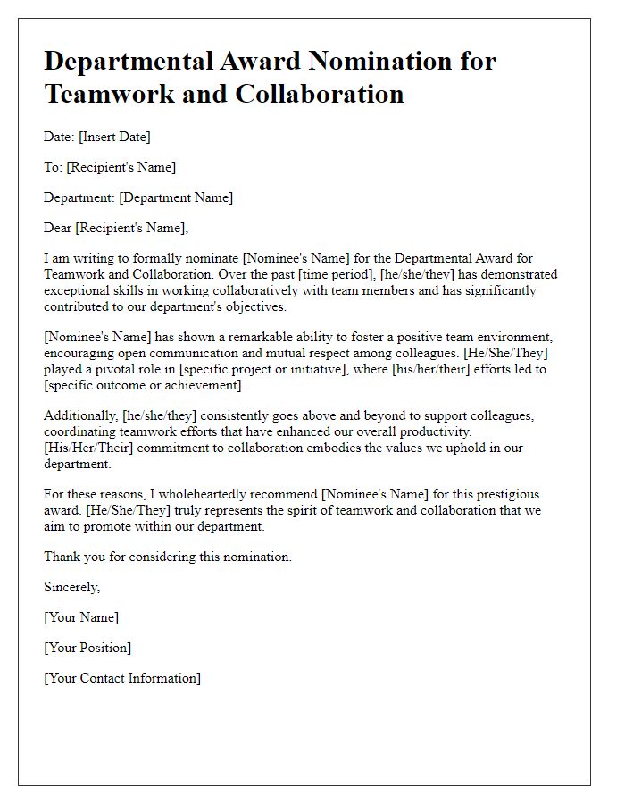 Letter template of departmental award nomination for teamwork and collaboration