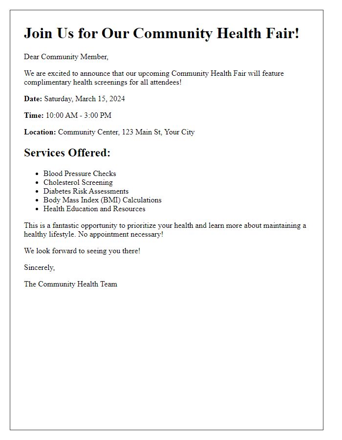 Letter template of complimentary health screening announcement for community health fair.