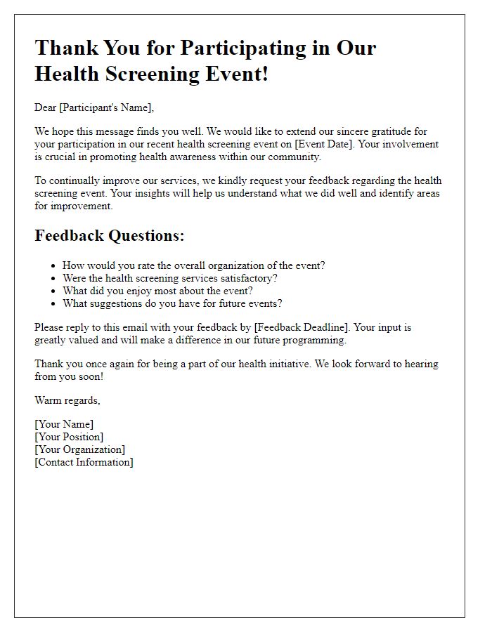 Letter template of complimentary health screening feedback request after the event.