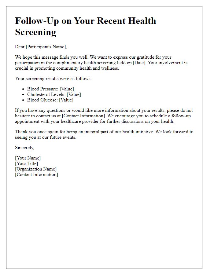 Letter template of complimentary health screening follow-up for participants.