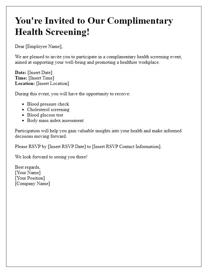 Letter template of complimentary health screening invitation for employees.