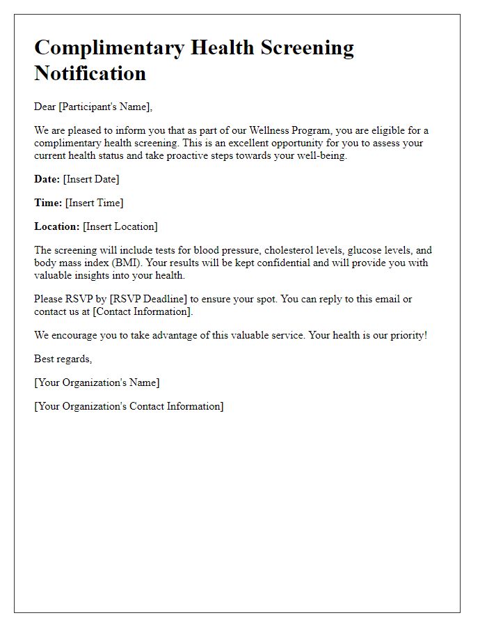 Letter template of complimentary health screening notification for wellness program participants.