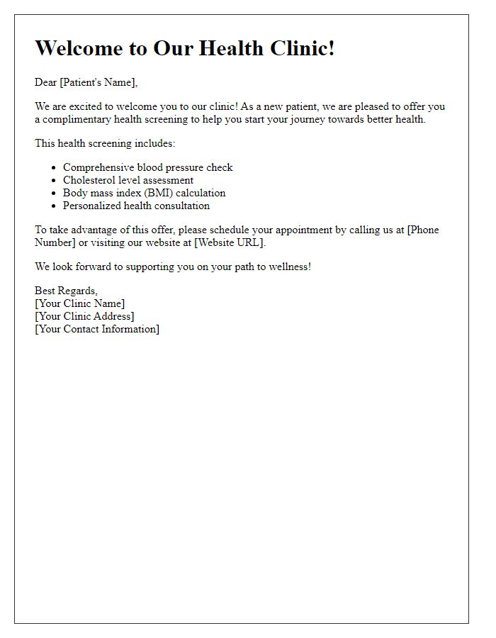 Letter template of complimentary health screening offer for new patients.