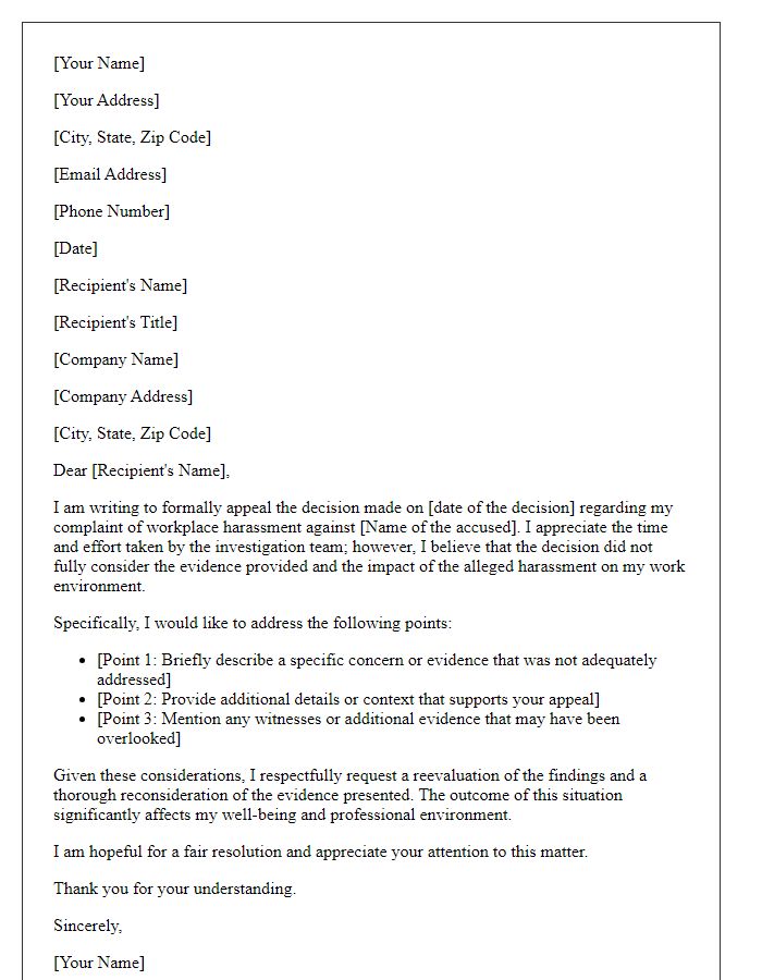 Letter template of appeal for workplace harassment decision