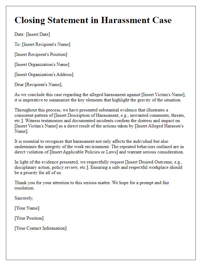 Letter template of closing statement in harassment case