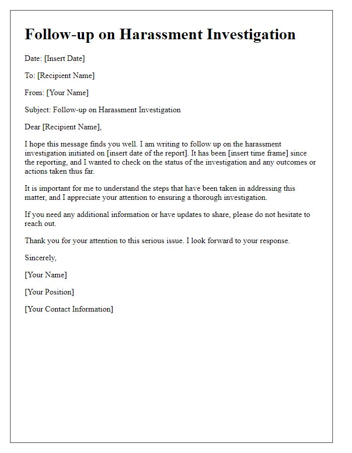 Letter template of follow-up on harassment investigation