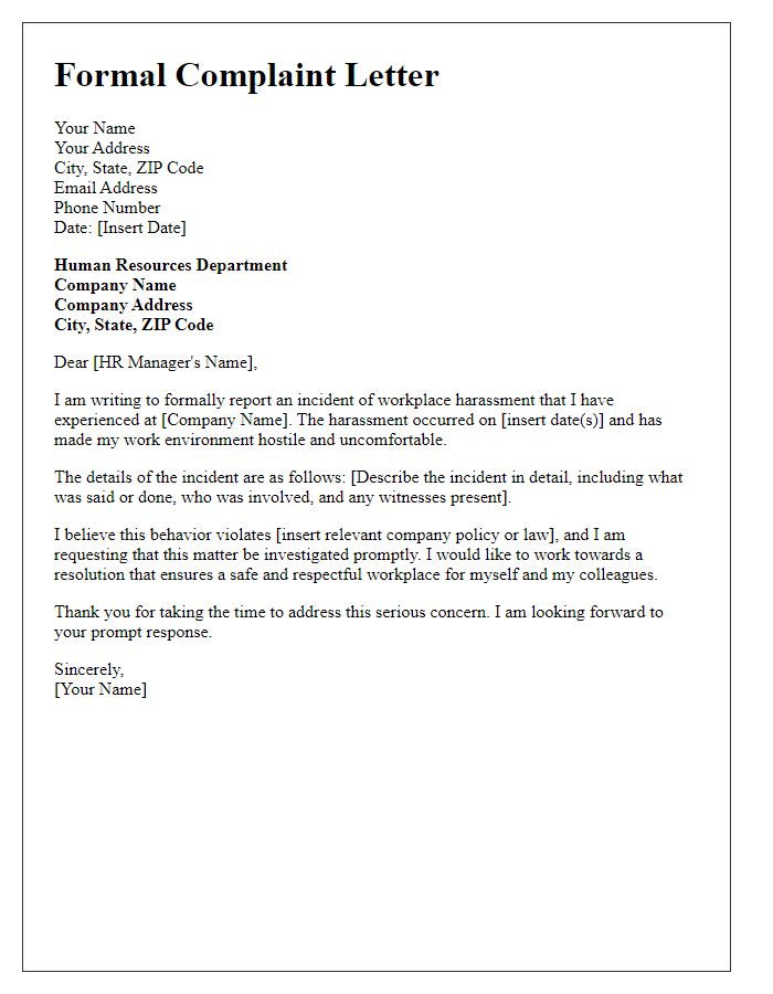 Letter template of formal complaint for workplace harassment resolution