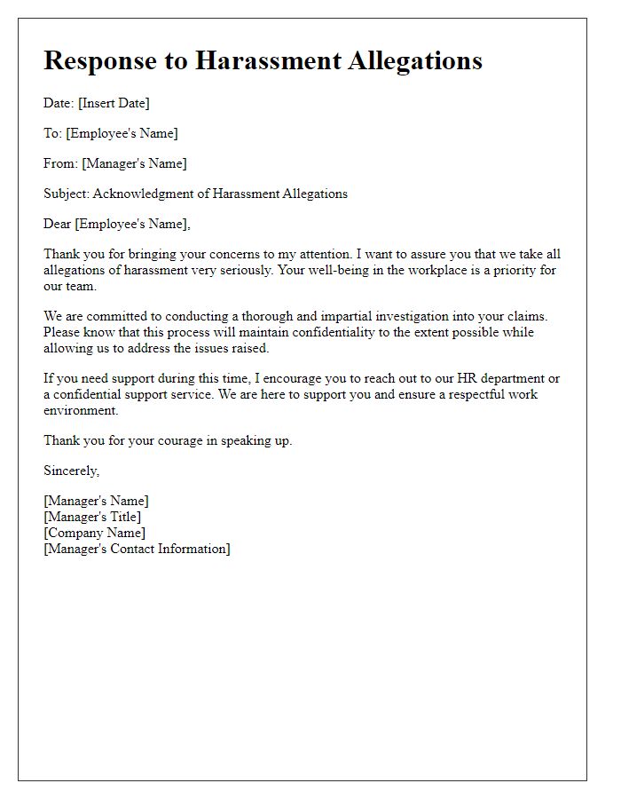 Letter template of manager's response to harassment allegations