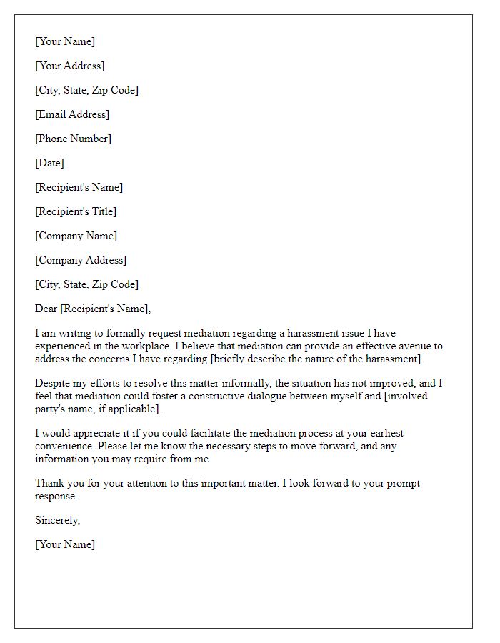 Letter template of request for workplace harassment mediation