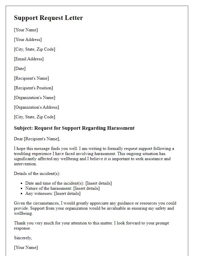 Letter template of support request for harassment victim