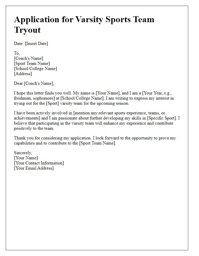 Letter template of application for varsity sports team tryout