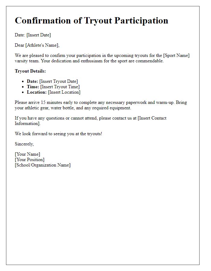 Letter template of confirmation for varsity sports team tryout participation