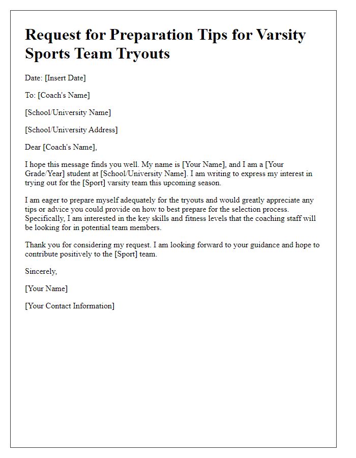 Letter template of request for varsity sports team tryout preparation tips