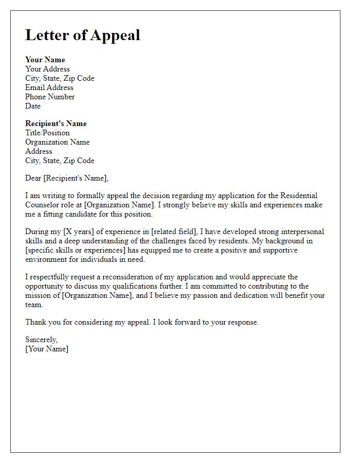 Letter template of appeal for residential counselor role.