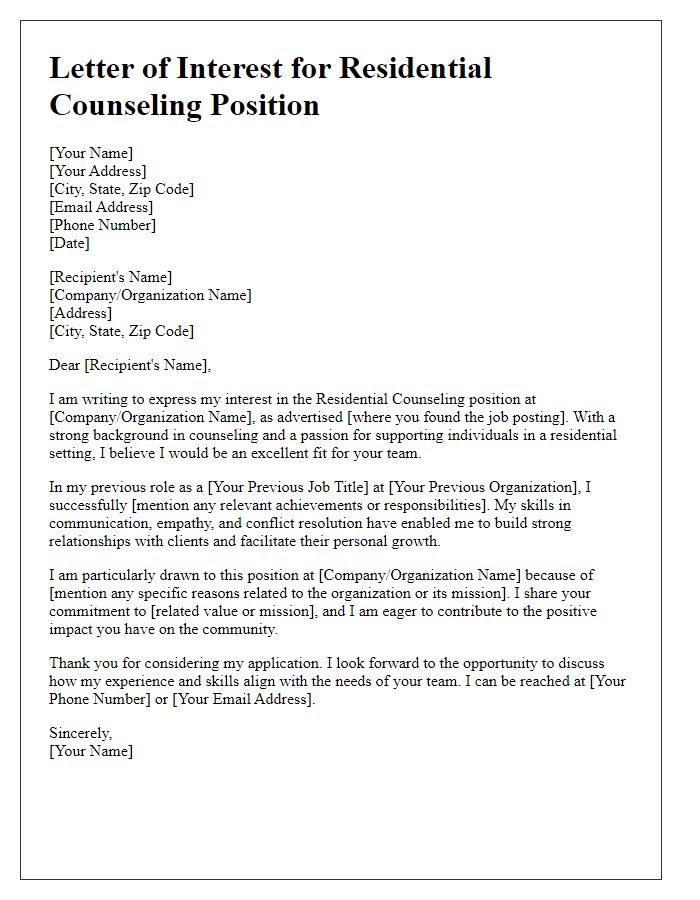 Letter template of interest for residential counseling role.