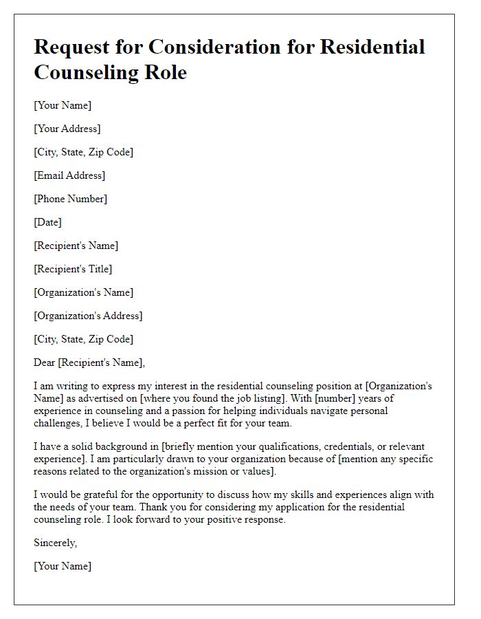 Letter template of request for residential counseling role consideration.