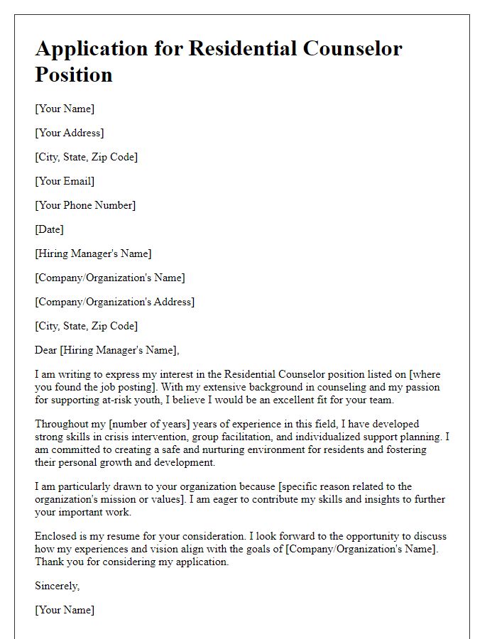 Letter template of submission for residential counselor position.