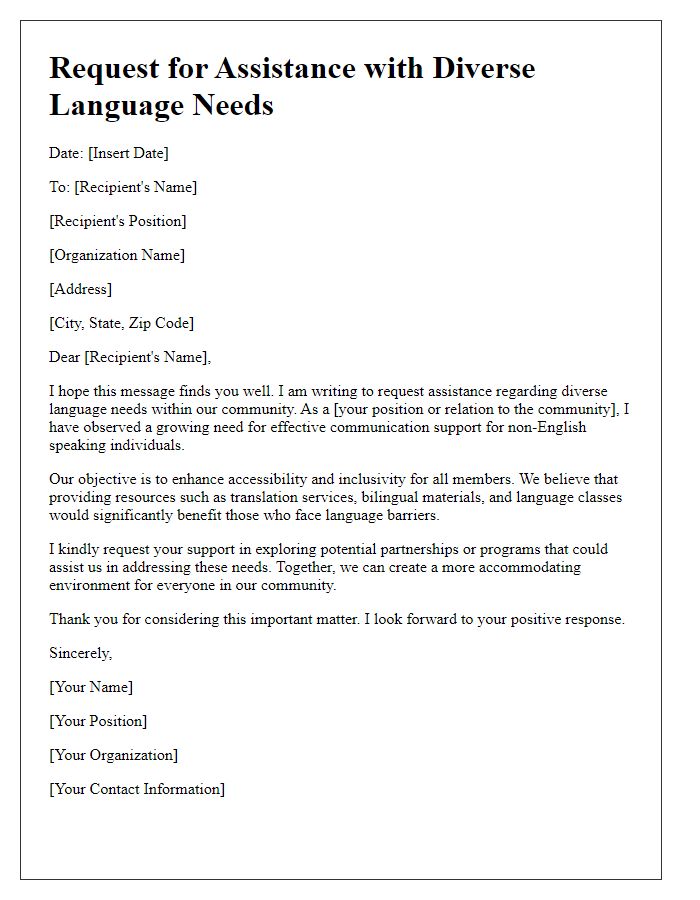 Letter template of assistance plea for diverse language needs