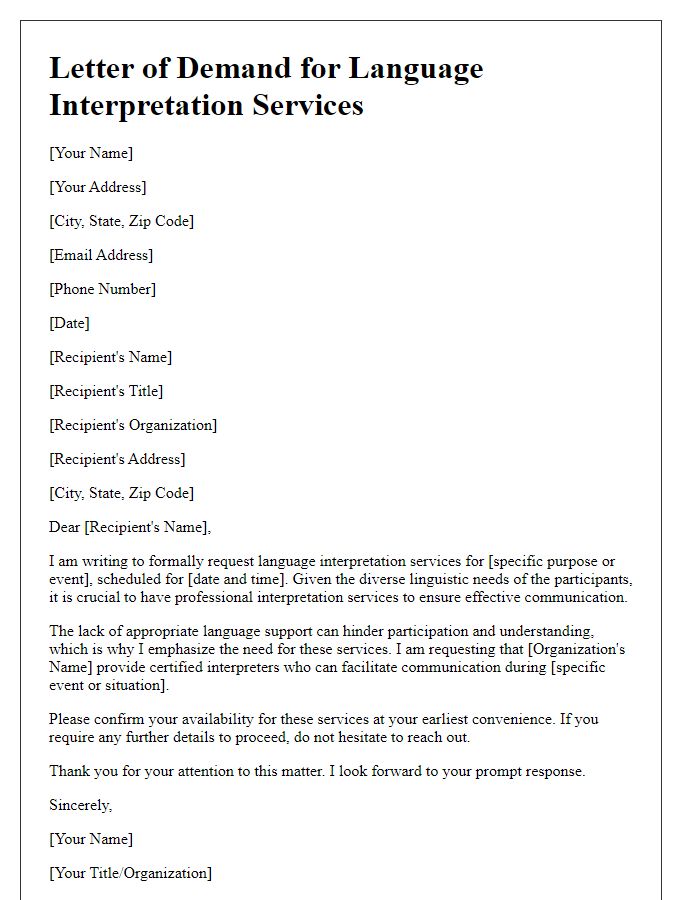 Letter template of demand for language interpretation services