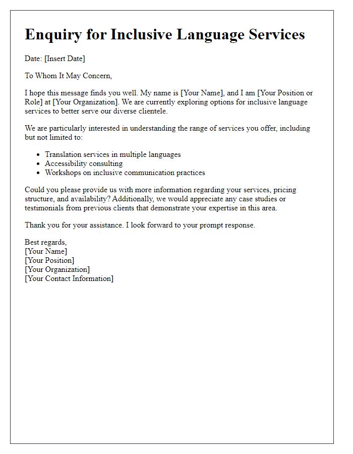 Letter template of enquiry for inclusive language services