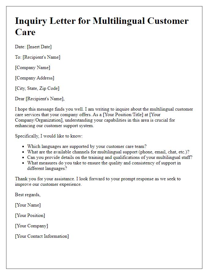 Letter template of inquiry for multilingual customer care