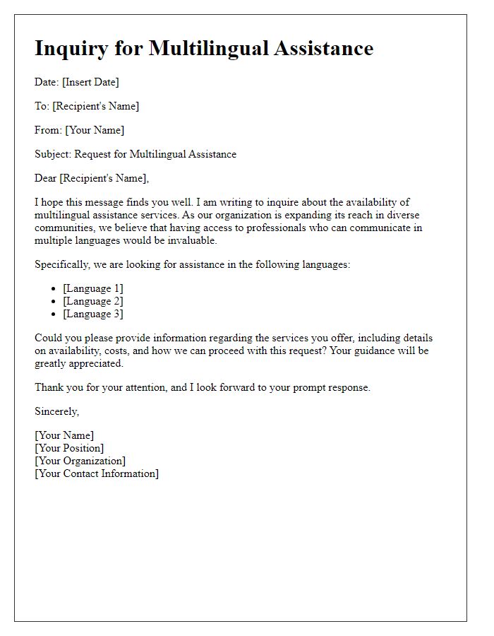 Letter template of multilingual assistance inquiry