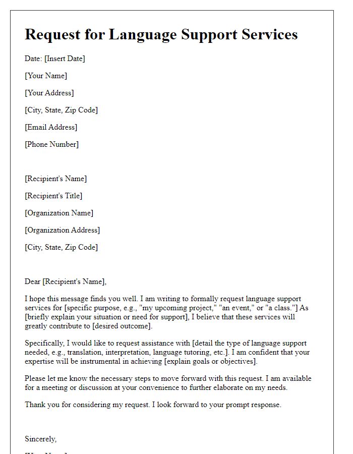 Letter template of request for language support services