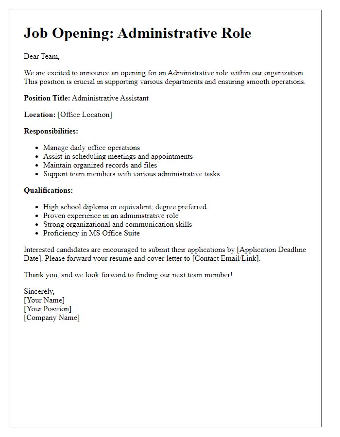 Letter template of administrative role job opening announcement