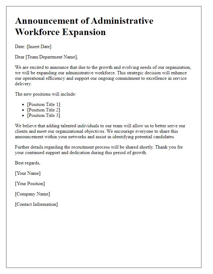 Letter template of administrative workforce expansion announcement