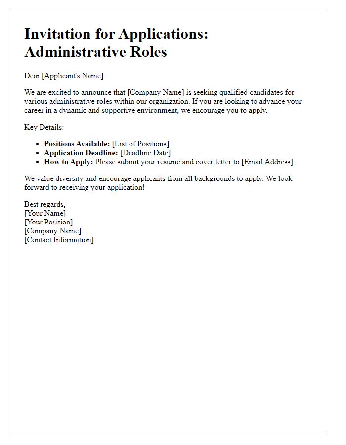 Letter template of invitation for applications for administrative roles