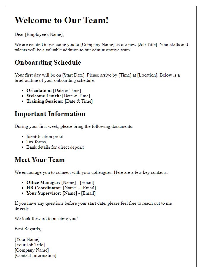 Letter template of onboarding news for new administrative staff