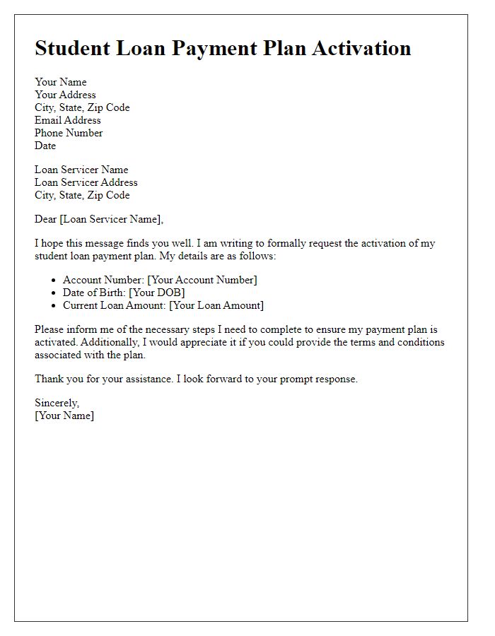 Letter template of Activating Student Loan Payment Plan