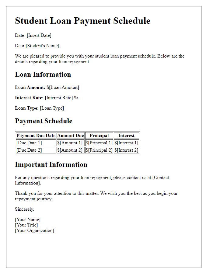 Letter template of Beginning Student Loan Payment Schedule