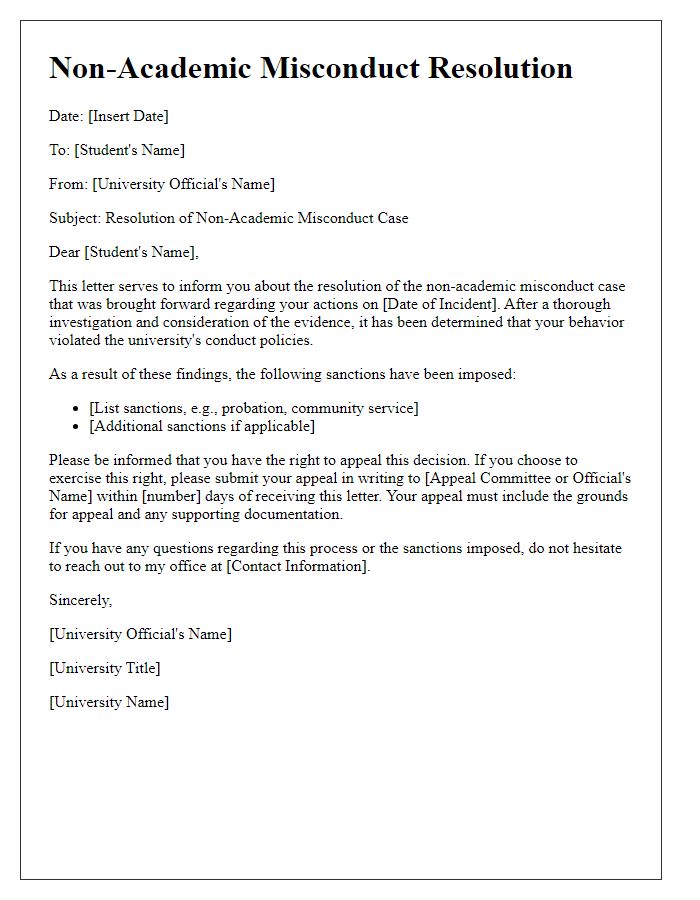 Letter template of non-academic misconduct resolution with an appeal process