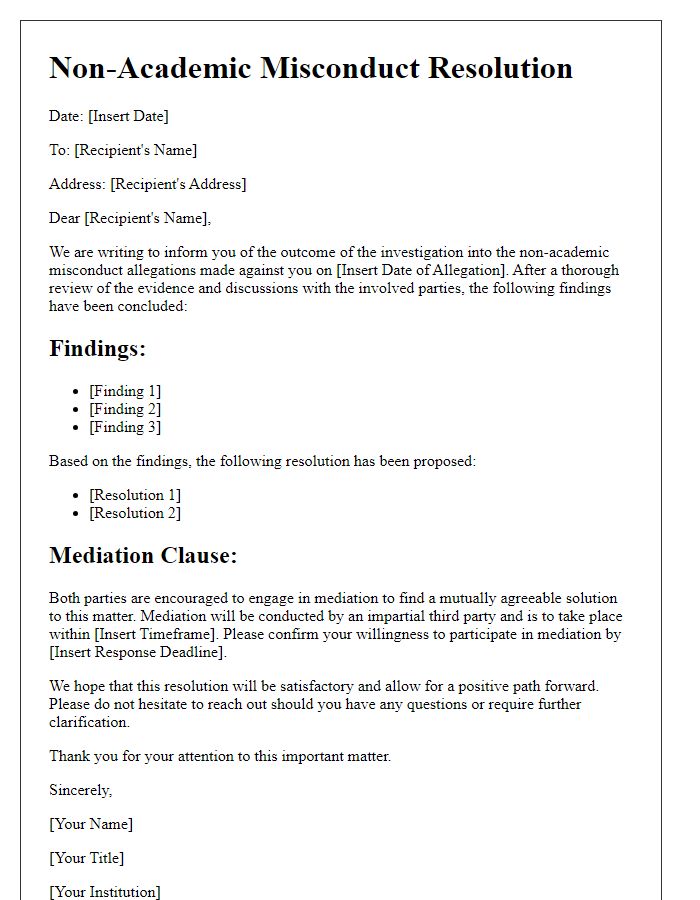 Letter template of non-academic misconduct resolution incorporating a mediation clause