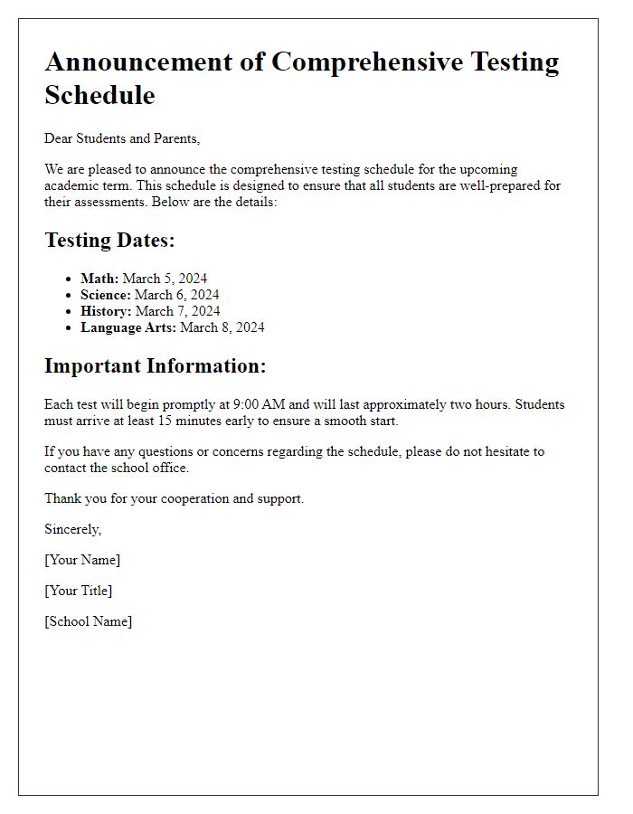 Letter template of announcement for comprehensive testing schedule