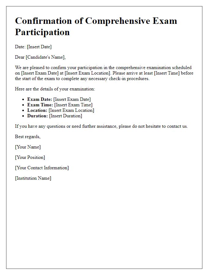 Letter template of confirmation for comprehensive exam participation