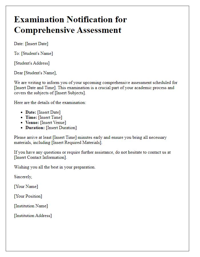 Letter template of examination notification for comprehensive assessment