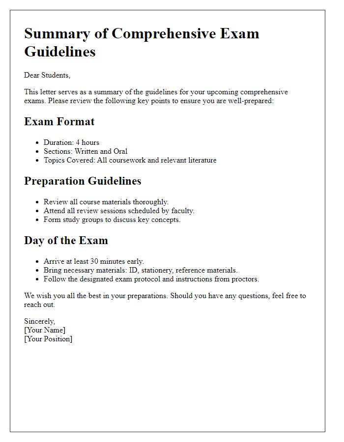 Letter template of summary for comprehensive exam guidelines