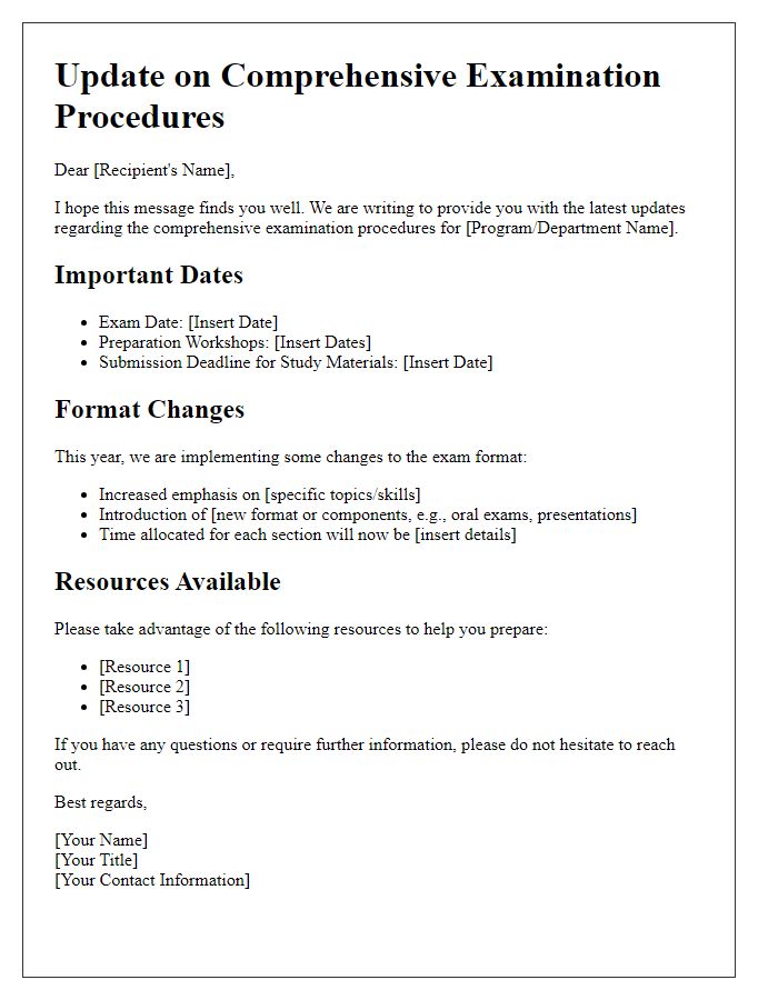 Letter template of updates for comprehensive examination procedures