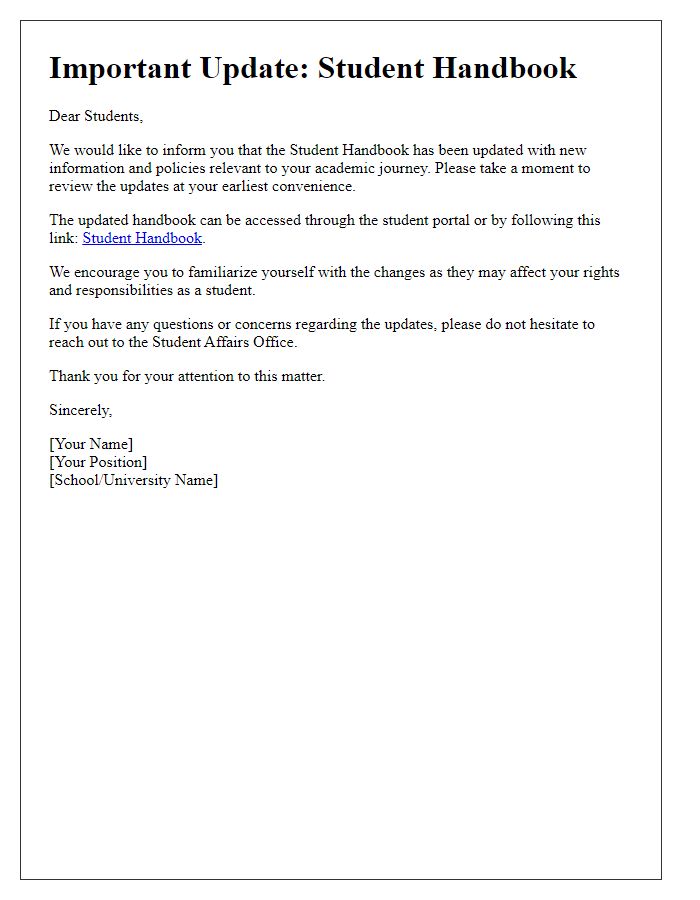 Letter template of Handbook Update Alert for Students