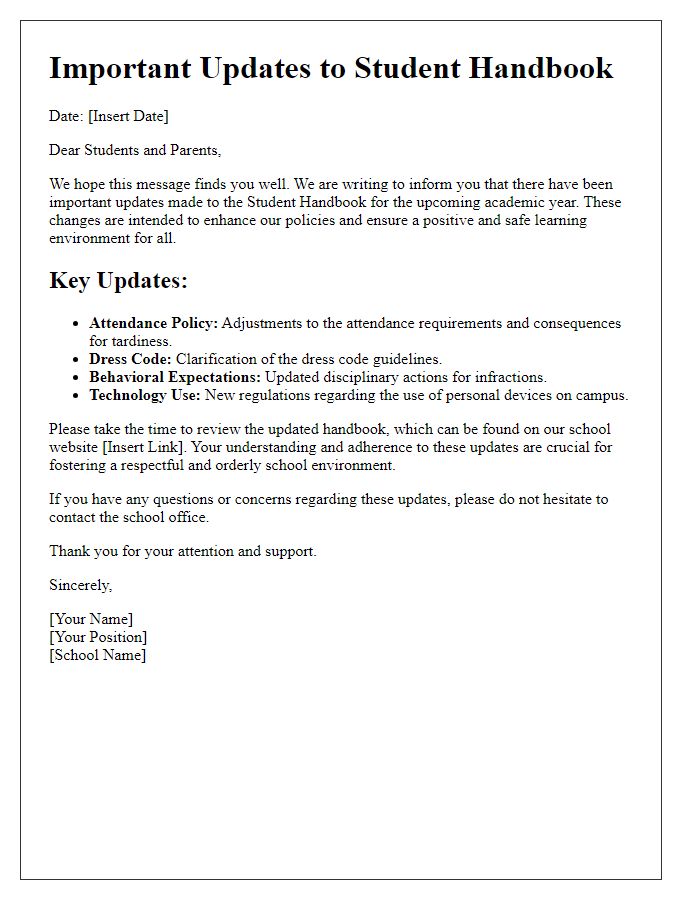 Letter template of Important Updates to Student Handbook